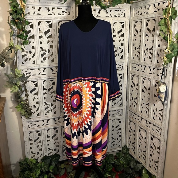 Donna Morgan Dresses & Skirts - DONNA MORGAN NICE NAVY BLUE WITH GROOVY MULTICOLORS LONG SLEEVE MAXI DRESS